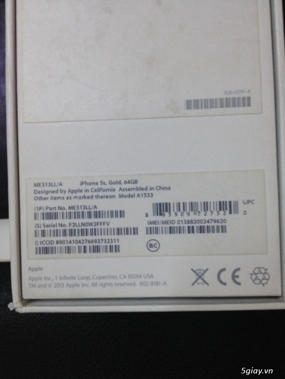 Bán Iphone 5S--Gold-64Gb-Quốc Tế Mỹ hư sóng điện thoại,còn lại full options