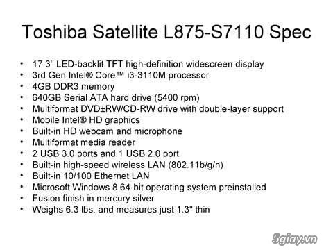Toshiba L875-S7110 core I3-3110/4GB/640GB/Lcd 17.3. like new 99% giá sv
