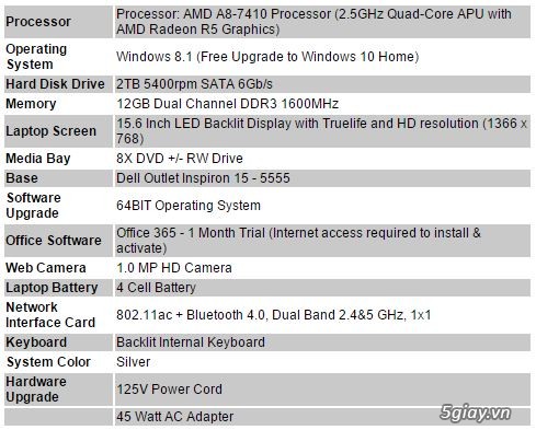 [Xách tay] Dell Inspiron AMD A8-7410 | Radeon R5 | 12GB | 2TB | 15.6 LED (1366x768) | Backlit Key