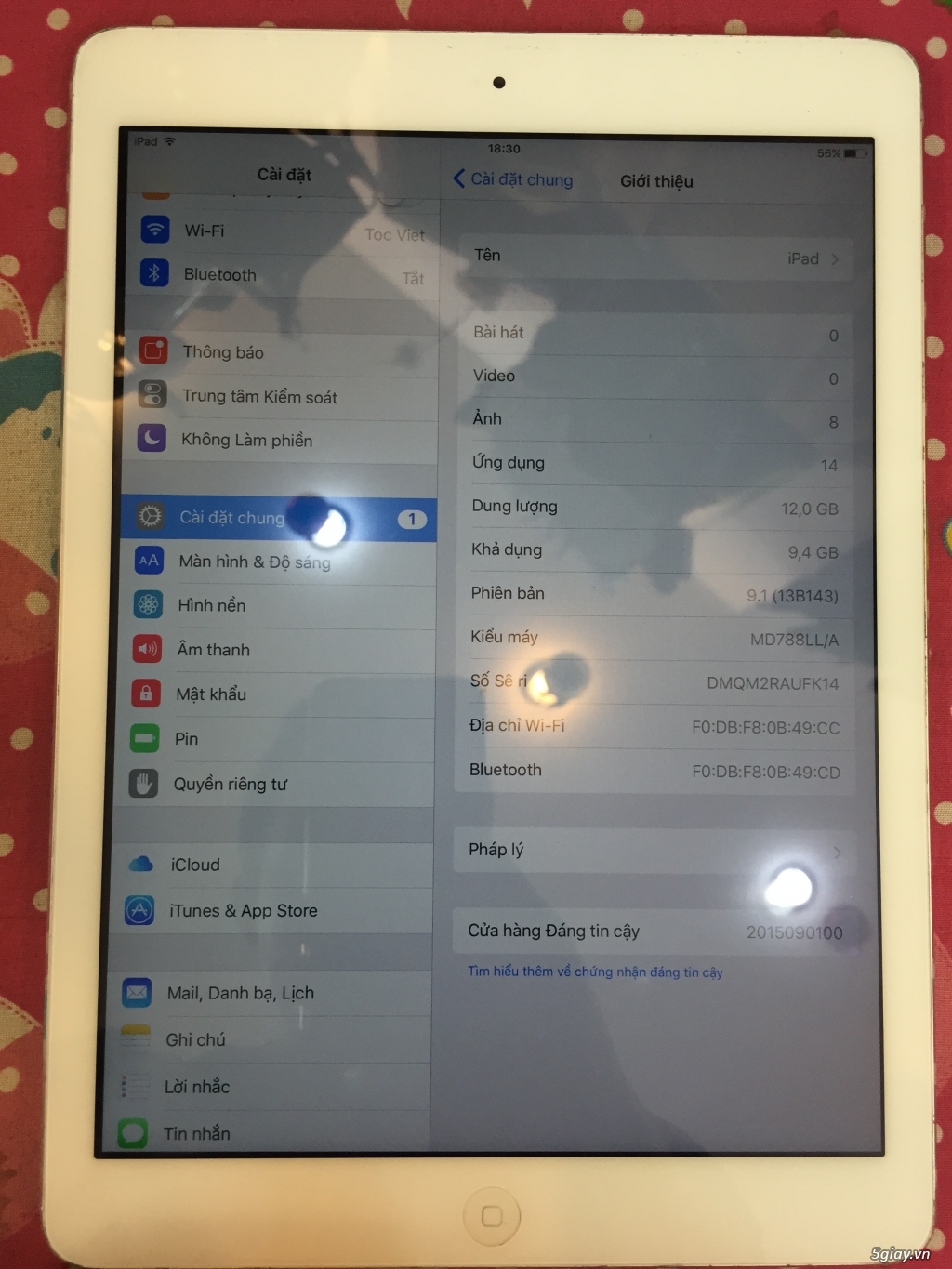 iPad Air 1 Wifi 16GB màu trắng zin giá tốt....
