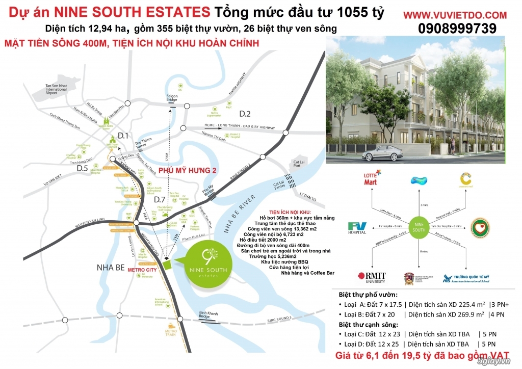 Bán biệt thự liền kề tại Dự án Nine South Estates, Nhà Bè, Hồ Chí Minh diện tích 225m2 giá 6,1 tỷ.