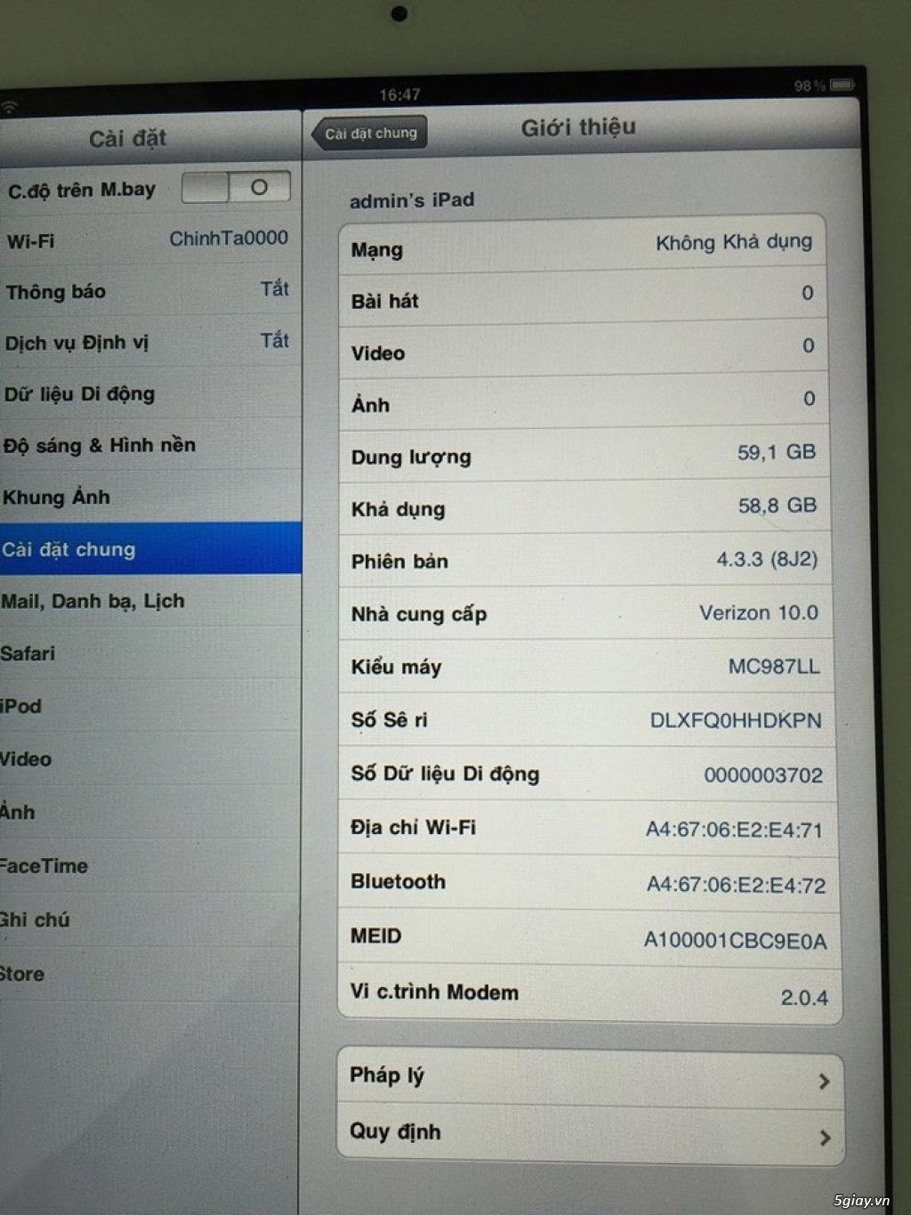 Bán ipad 2 64G wifi likenew fullbox ios 4.3.3 (bản test của apple) - 1