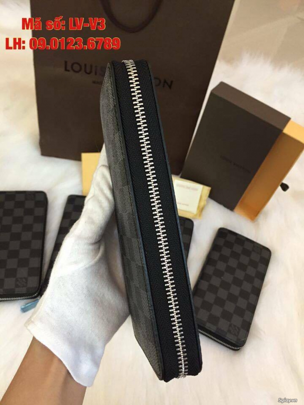 Ví LV dây kéo caro xanh đen hàng super - 3