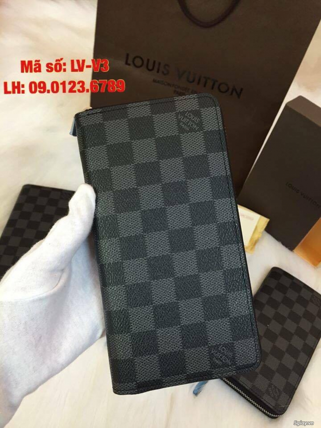 Ví LV dây kéo caro xanh đen hàng super - 4