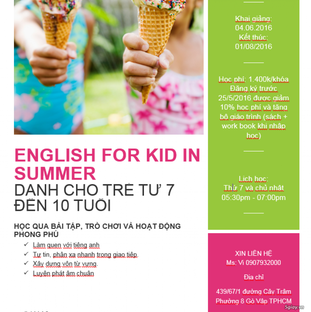 ENGLISH FOR KID IN SUMMER DÀNH CHO TRẺ TỪ 7 ĐẾN 10 TUỔI