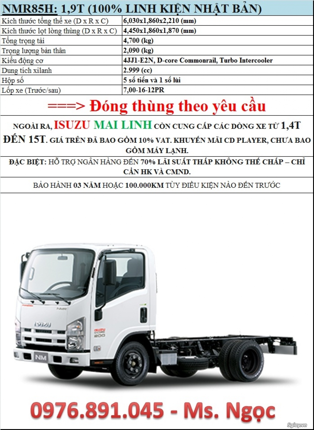Xe tải : 1,9T (100% Linh kiện Nhật Bản) - gọi ngay 0976 891 045 để được ưu đãi giá tốt