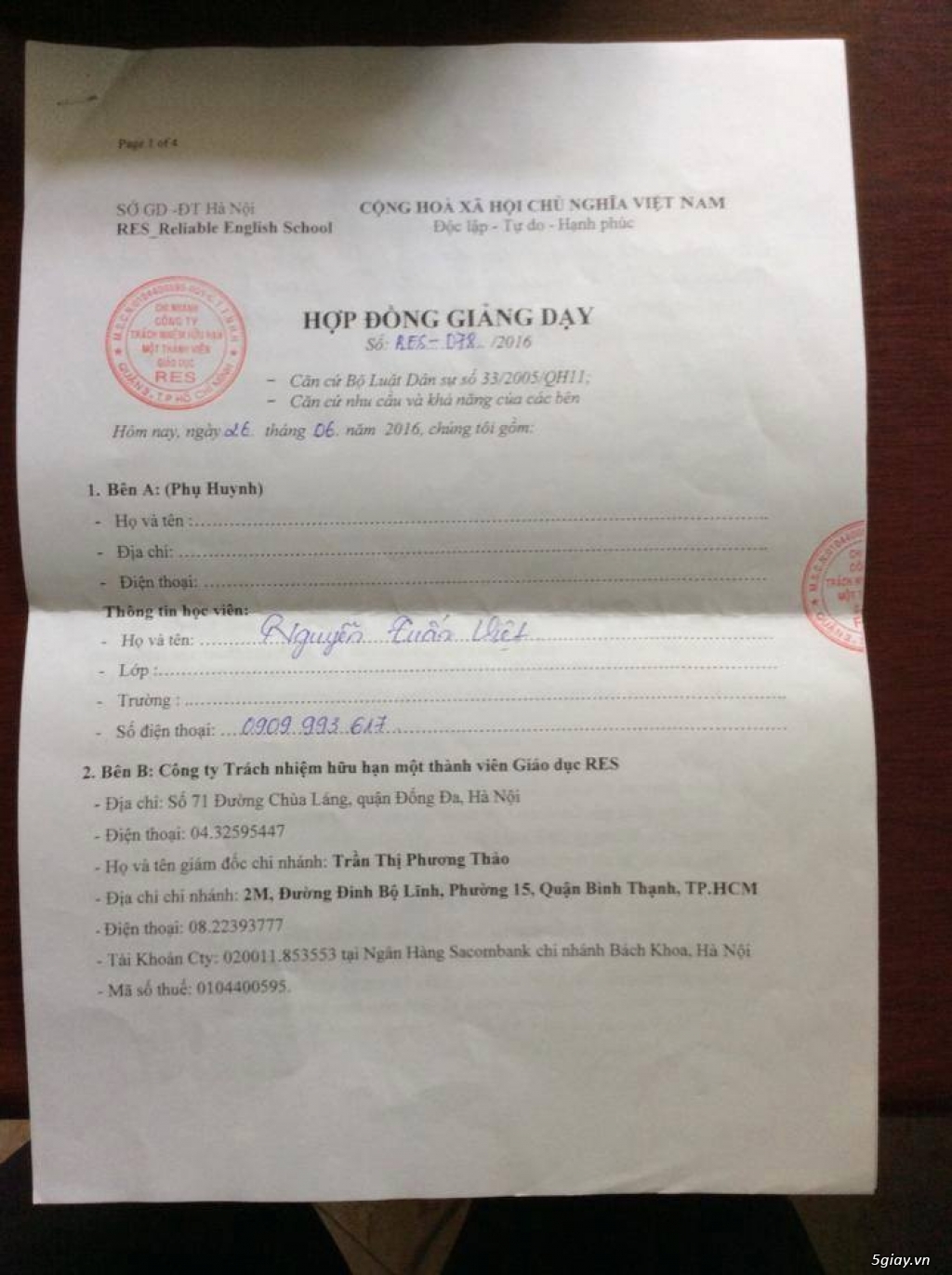Nhượng lại suất học IELTS đảm bảo đầu ra tại RES - 2