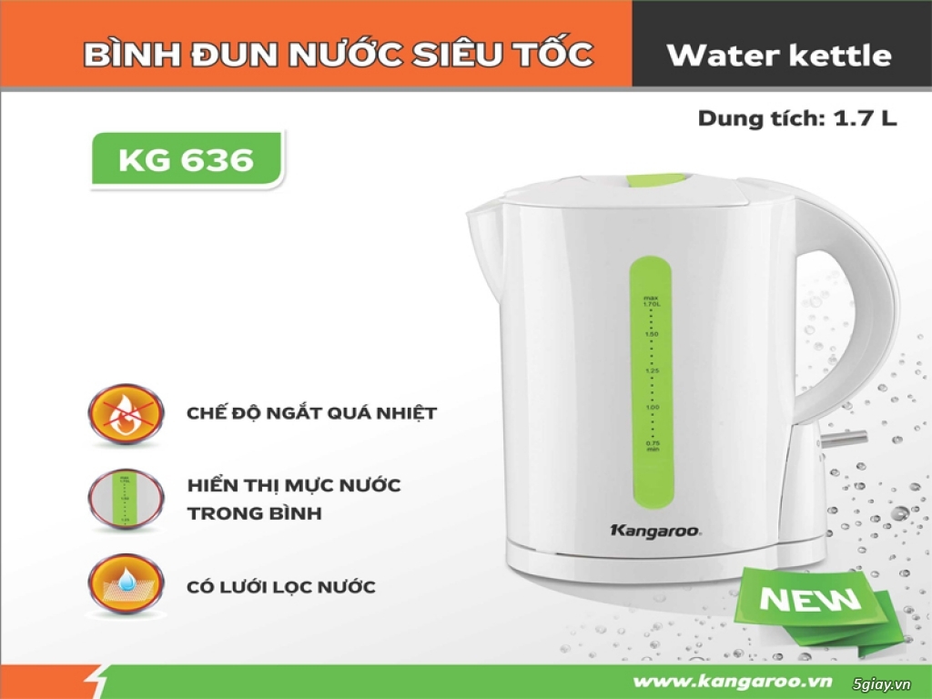 Bình đun nước siêu tốc cao cấp 1,7 lít Kangaroo KG636 - 2