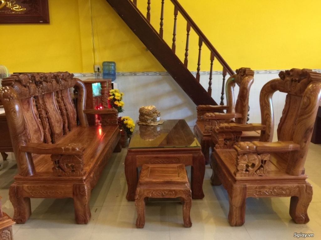 Bộ bàn ghế chạm Cá Chép gỗ hương tay 12- BBG18