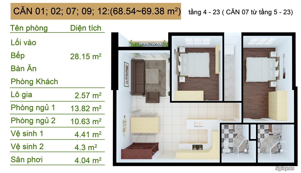 Căn hộ 2 phòng ngủ 2 phóng tắm mặt tiền Nguyễn Lương Bằng LH 090768718