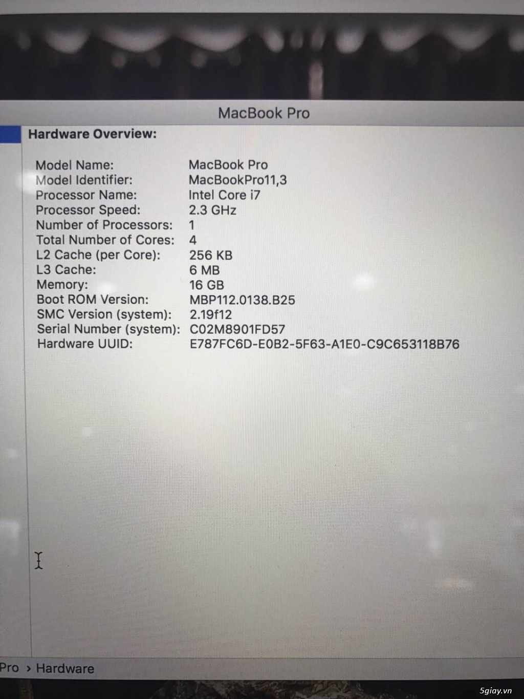 Bán Macbook Pro Retina 15.4 Core i7 2.3Ghz- 16GB -SSD 512GB - Card rời - 10