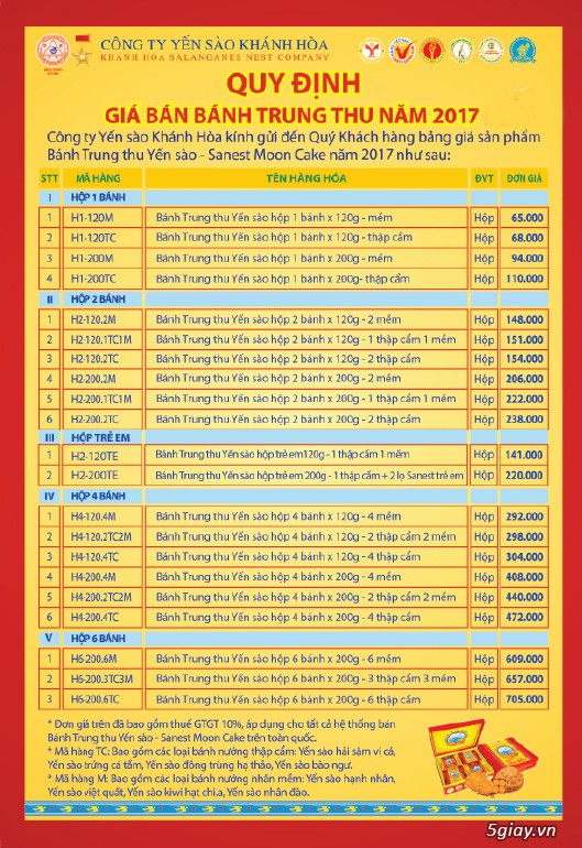 Bảng giá bánh trung thu yến sào Khánh Hòa 2017 (100 hộp, CK đặc biệt)