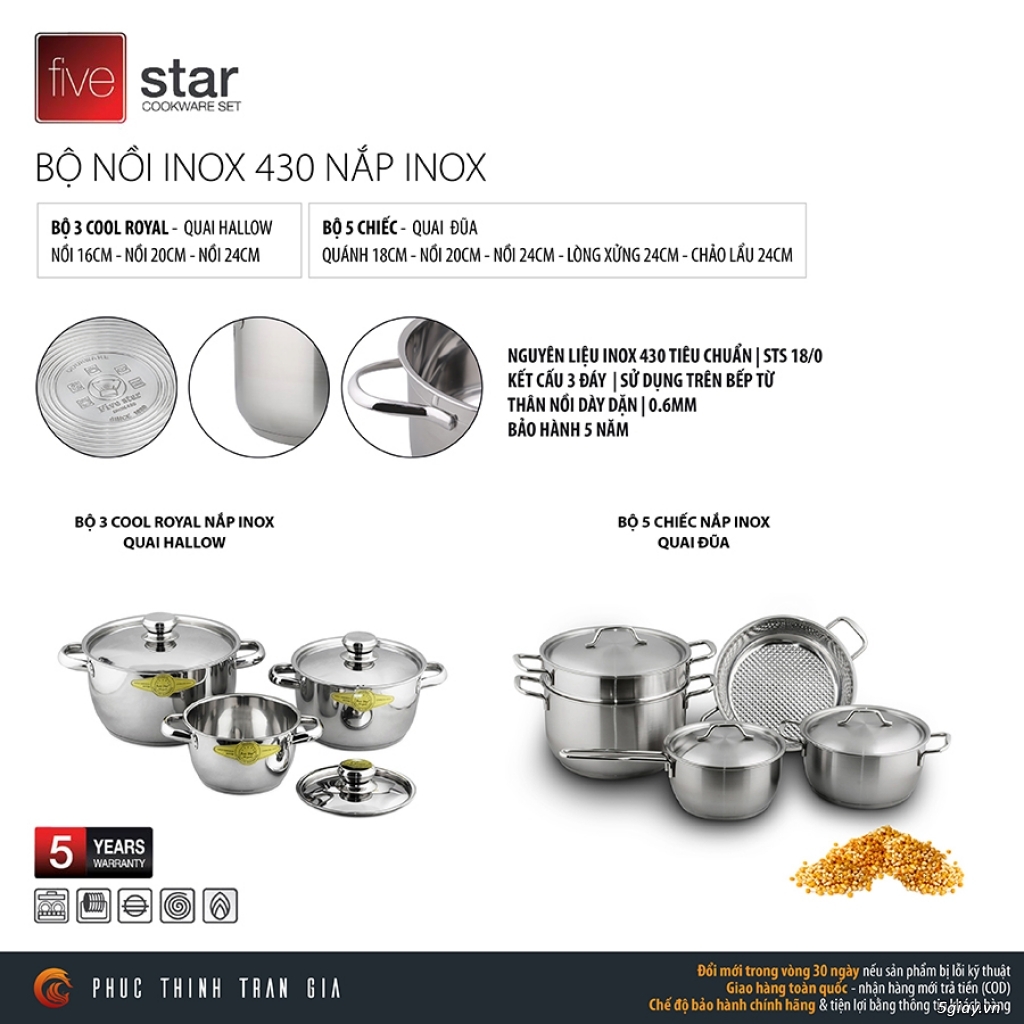 525k- BỘ NỒI INOX FIVE STAR 3 MÓN NẮP KIẾNG