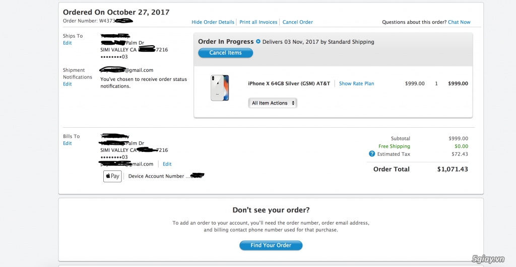 IPHONE X 64GB SILVER GSM UNLOCKED hàng USA về ngày 3.11.2017
