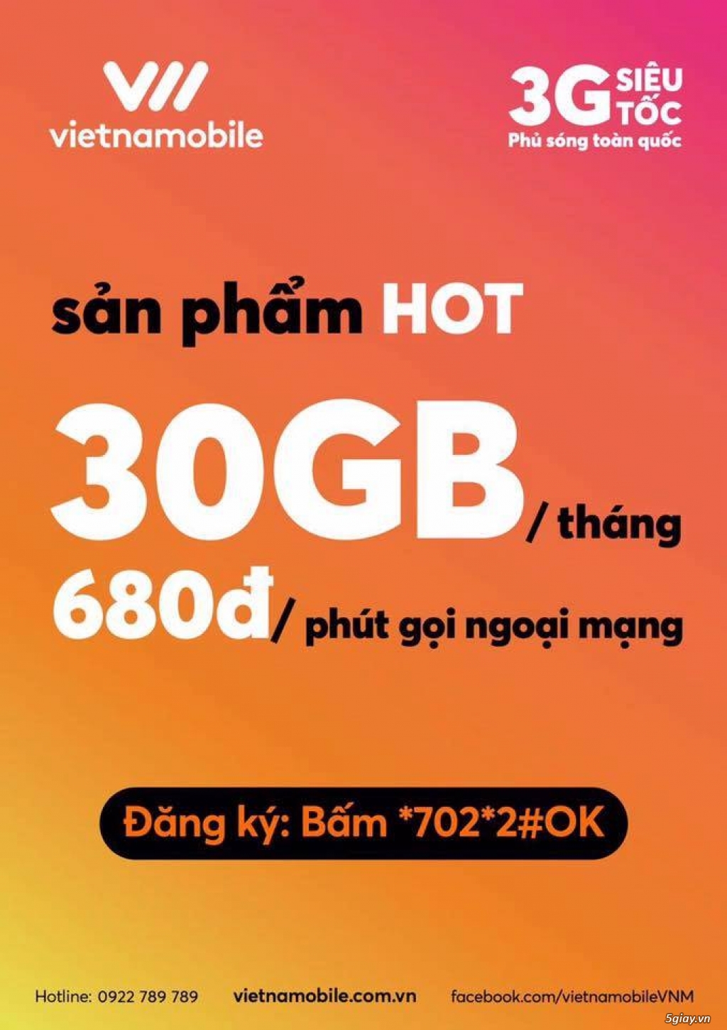 Sim 3G Vietnamobile Giá Rẻ --- 33Gb/tháng(bảo lưu 6T) --- chỉ 50k