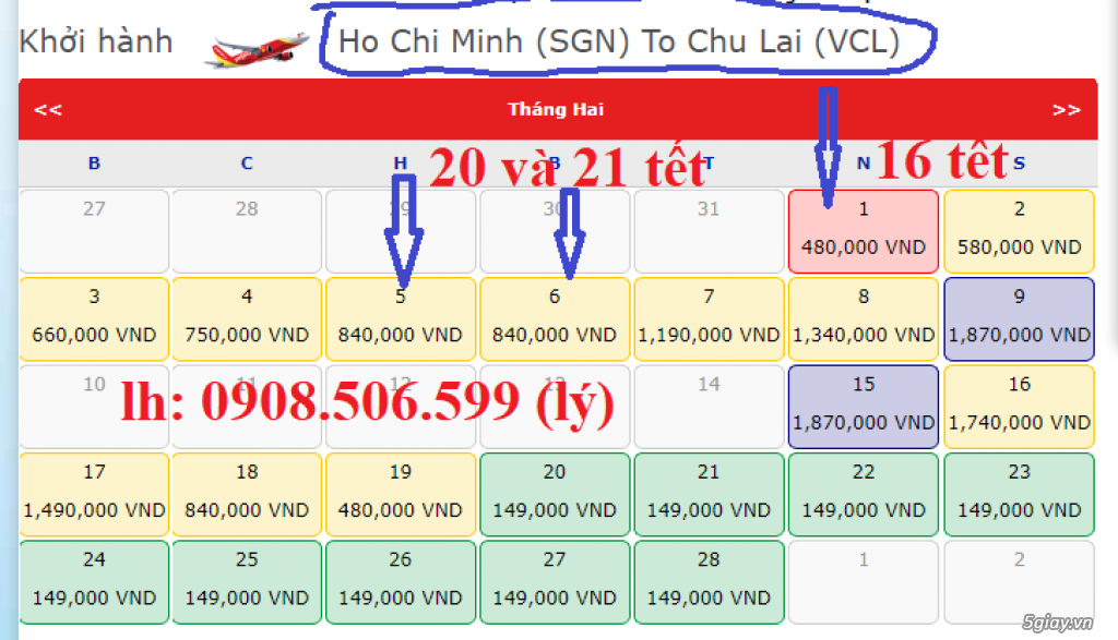 vé tết HCM/CHU LAI (16 tết) giá 830k & 20 - 21/12 âm 1.230k xong phí