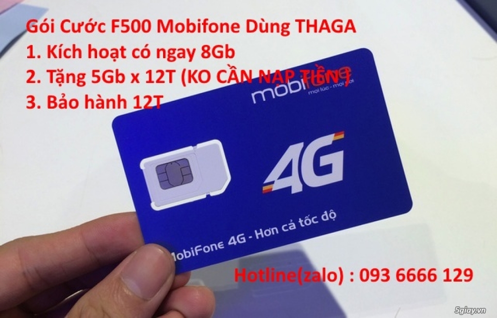 Sim Mobi Trọn Gói 1 Năm F500, 8 Gb/T đầu, 5GB 12Tháng - Nghe + Goi dc