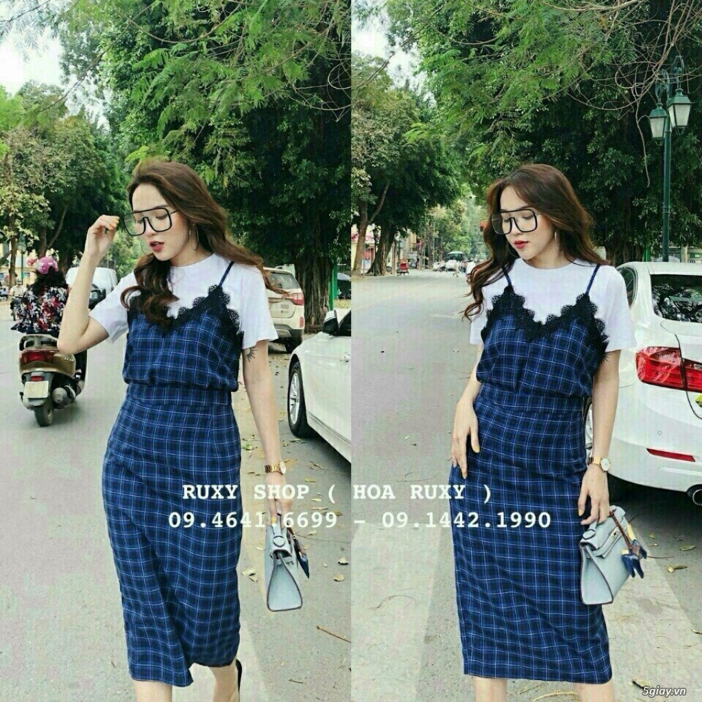 SET ÁO THUN + ĐẦM DÂY CARO PHỐI REN