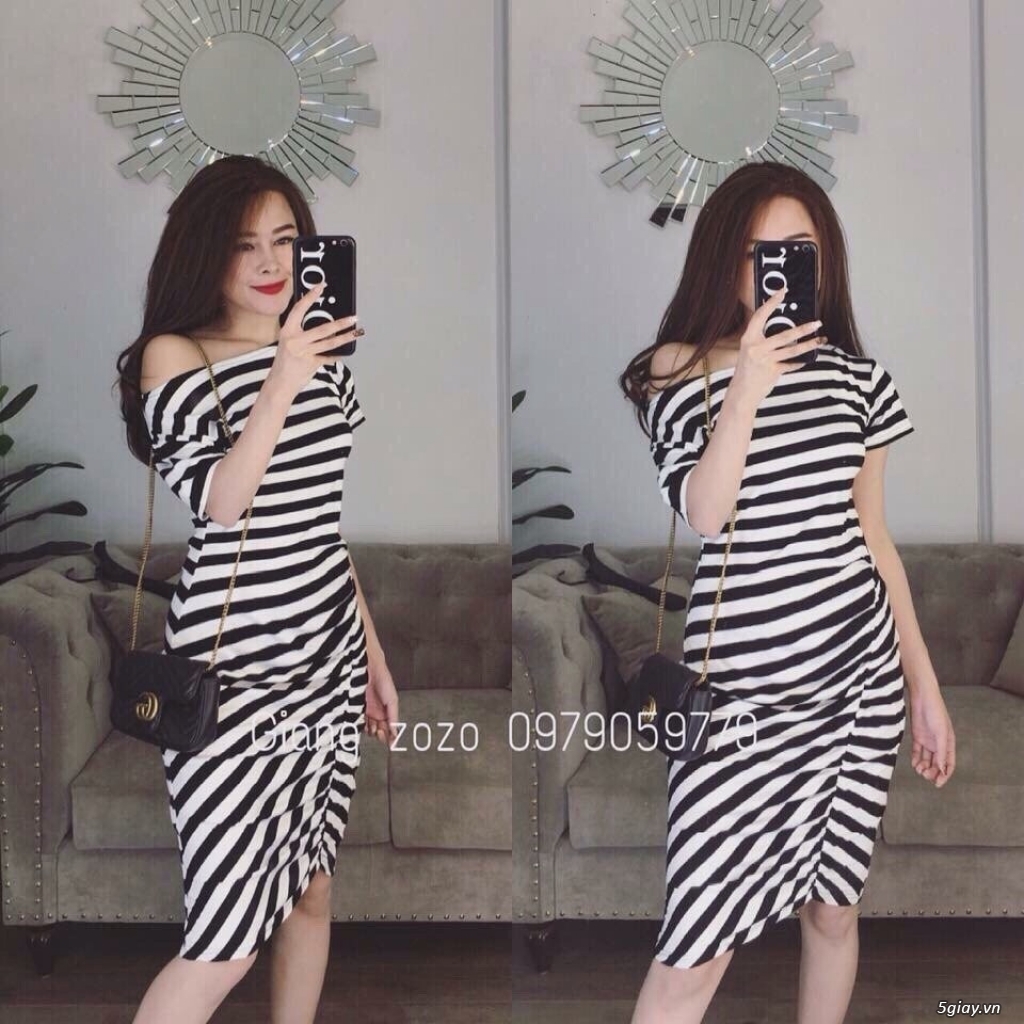 Đầm body thun sọc trễ vai nhún
