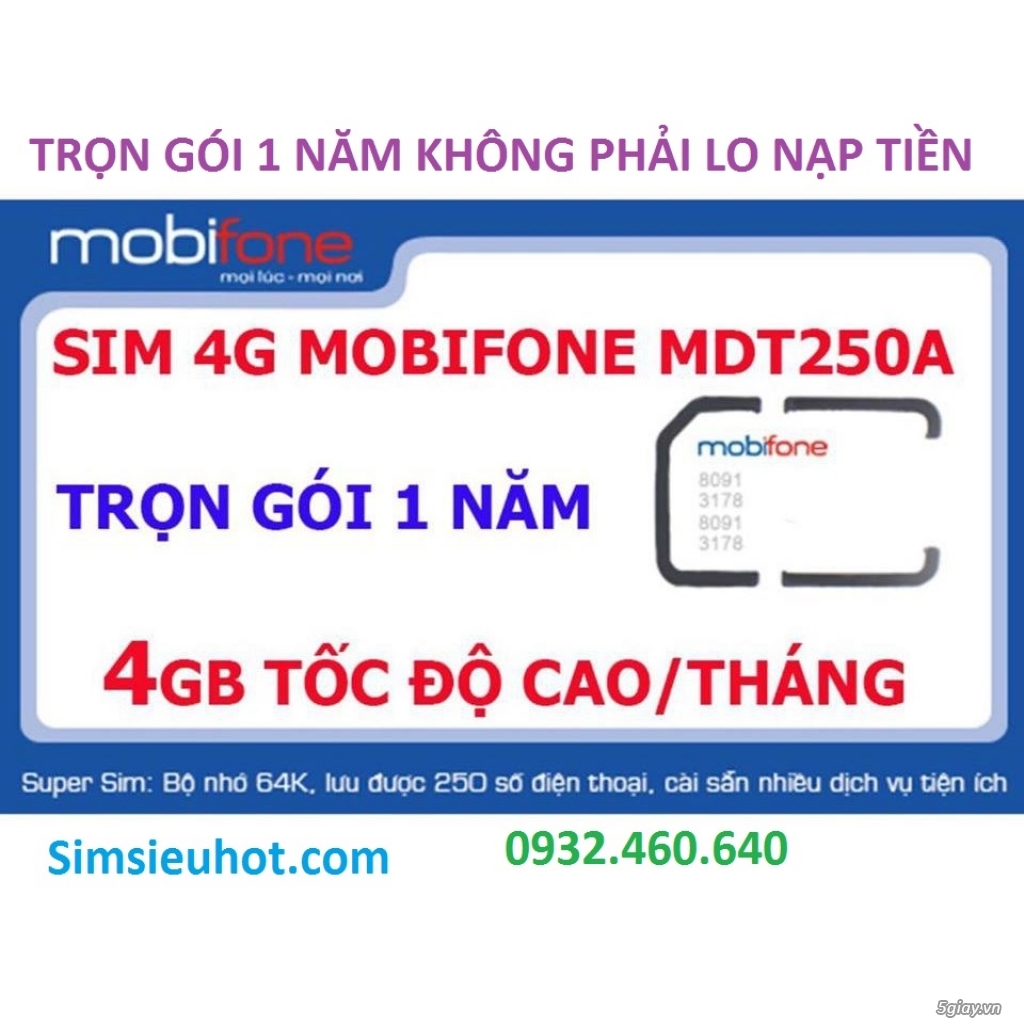 Sim 4G Mobifone MDT250A Trọn Gói 1 Năm Không Cần Nạp Tiền