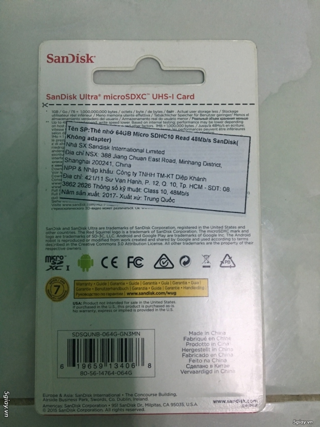 Thẻ nhớ MicroSD 64Gb Sandisk Class10 - 1