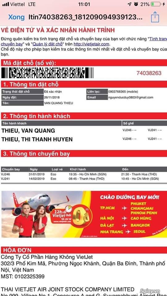 Thanh lý 1 vé máy bay khứ hồi Sài Gòn đi Thanh Hóa ngày 31/1/2019