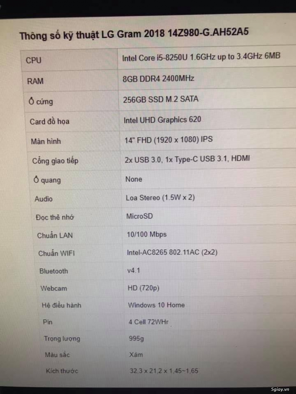Cần bán Laptop LG Gram 2018 14Z980 - 2