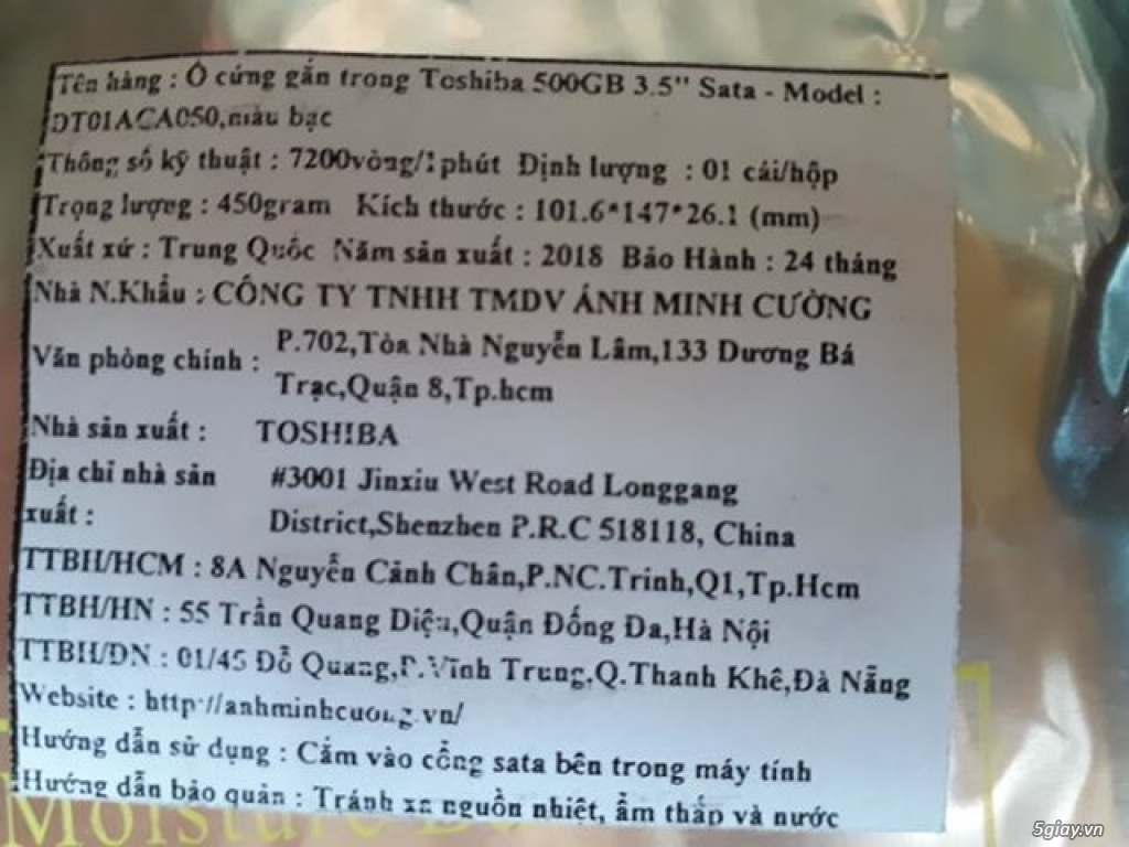HDD PC 500GB sata 3.5 Toshiba hàng mới 100% nguyên seal - 1