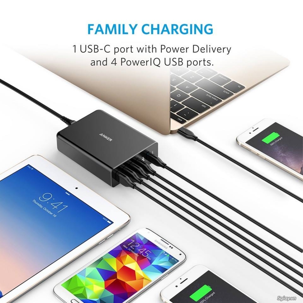 Sạc Anker 5 cổng-60w USB-C Power Delivery