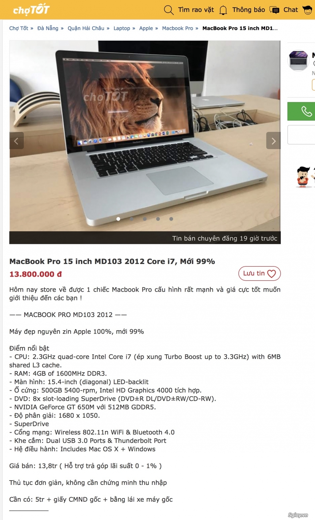 Macbook Pro 15'' Late 2011 - i7 - 2.4G chip - 16gb Ram - 500GB ổ cứng - 8