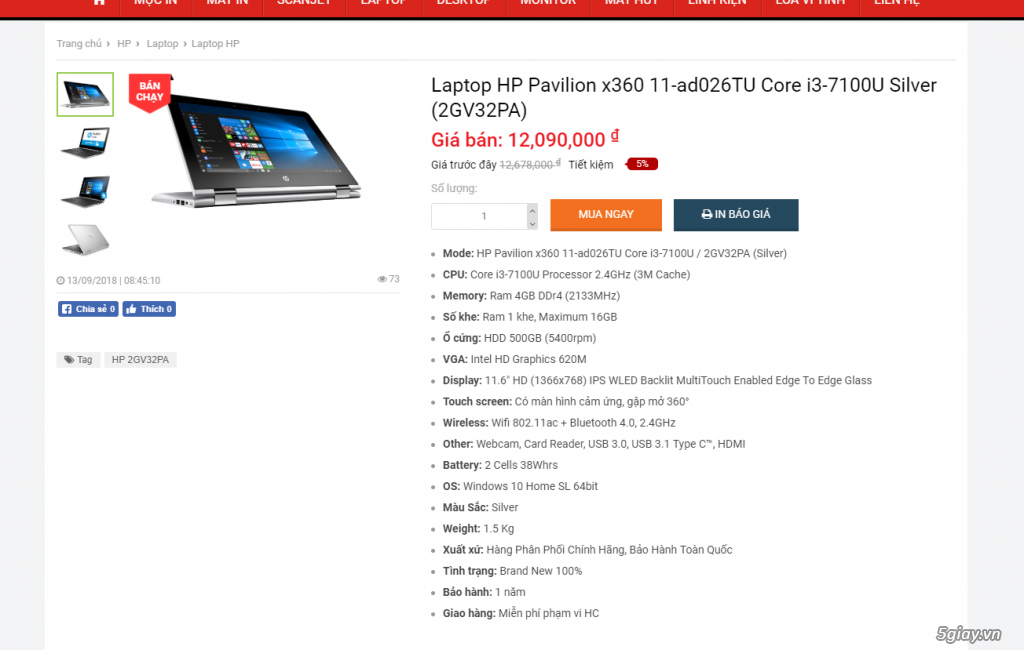 Bán laptop HP Pavilion x360 core i3-7100U cản ứng xoay 360, giá rẻ