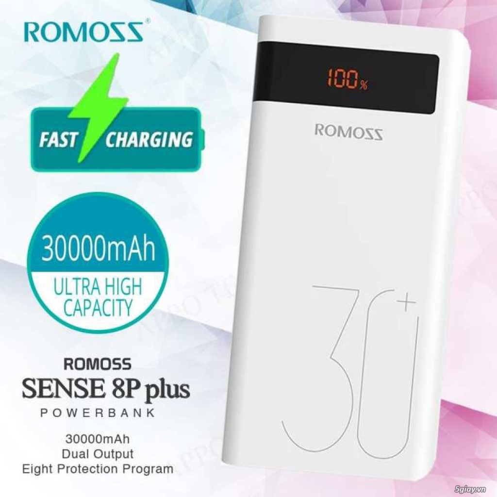 SDP Romoss Sense 8P+ 30000mAh Sạc nhanh QC 3.0, Sạc nhanh 2 chiều TypeC, end 23h00 19/06/2019