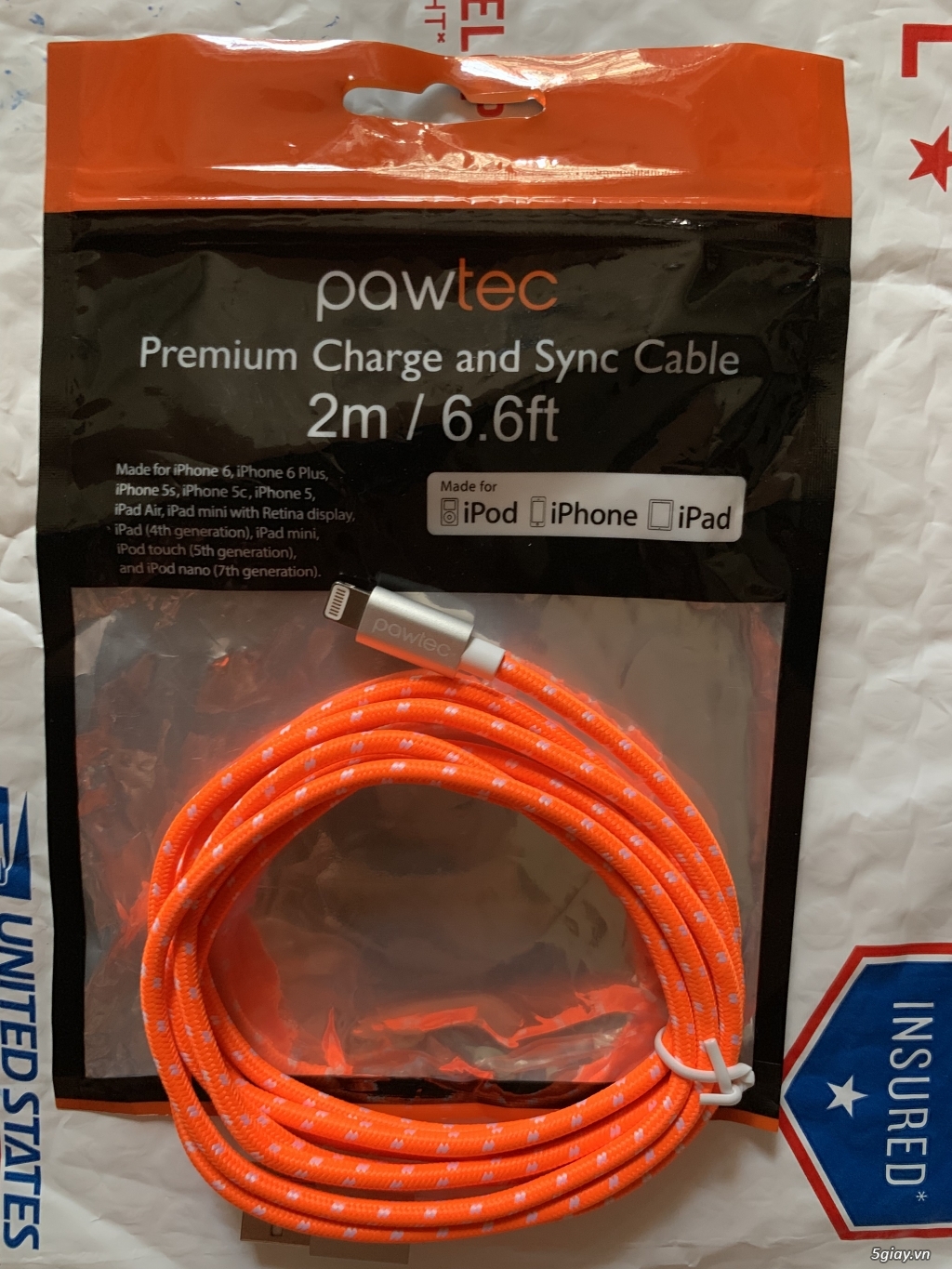 Dây sạc màu cam 2M Pawtec chính hãng dành cho iphone, ipad, hàng xách tay USA, end 23h00-24/02/2020