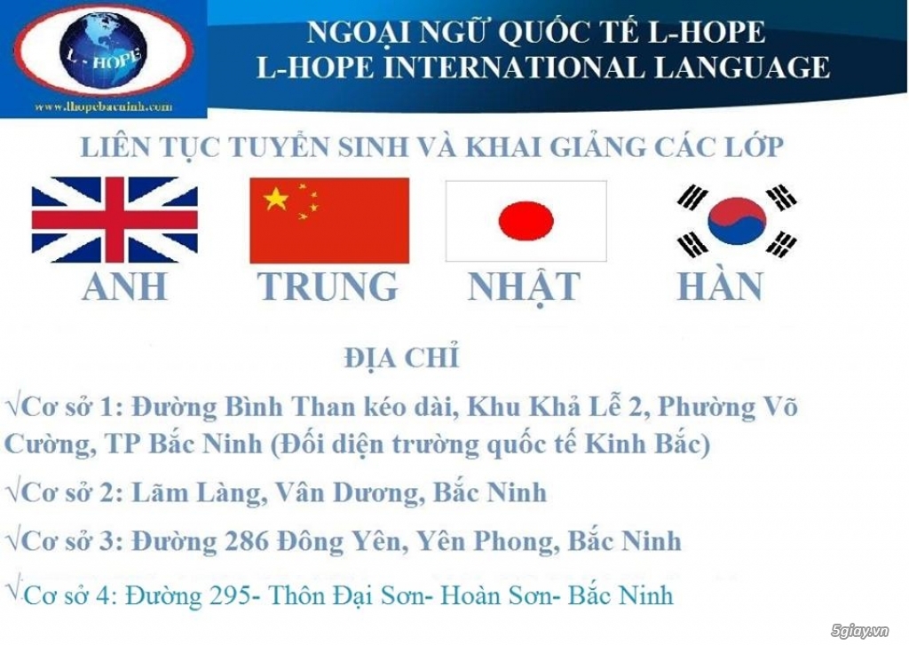 L-Hope tuyển sinh lớp học TIẾNG ANH-TRUNG-NHẬT-HÀN