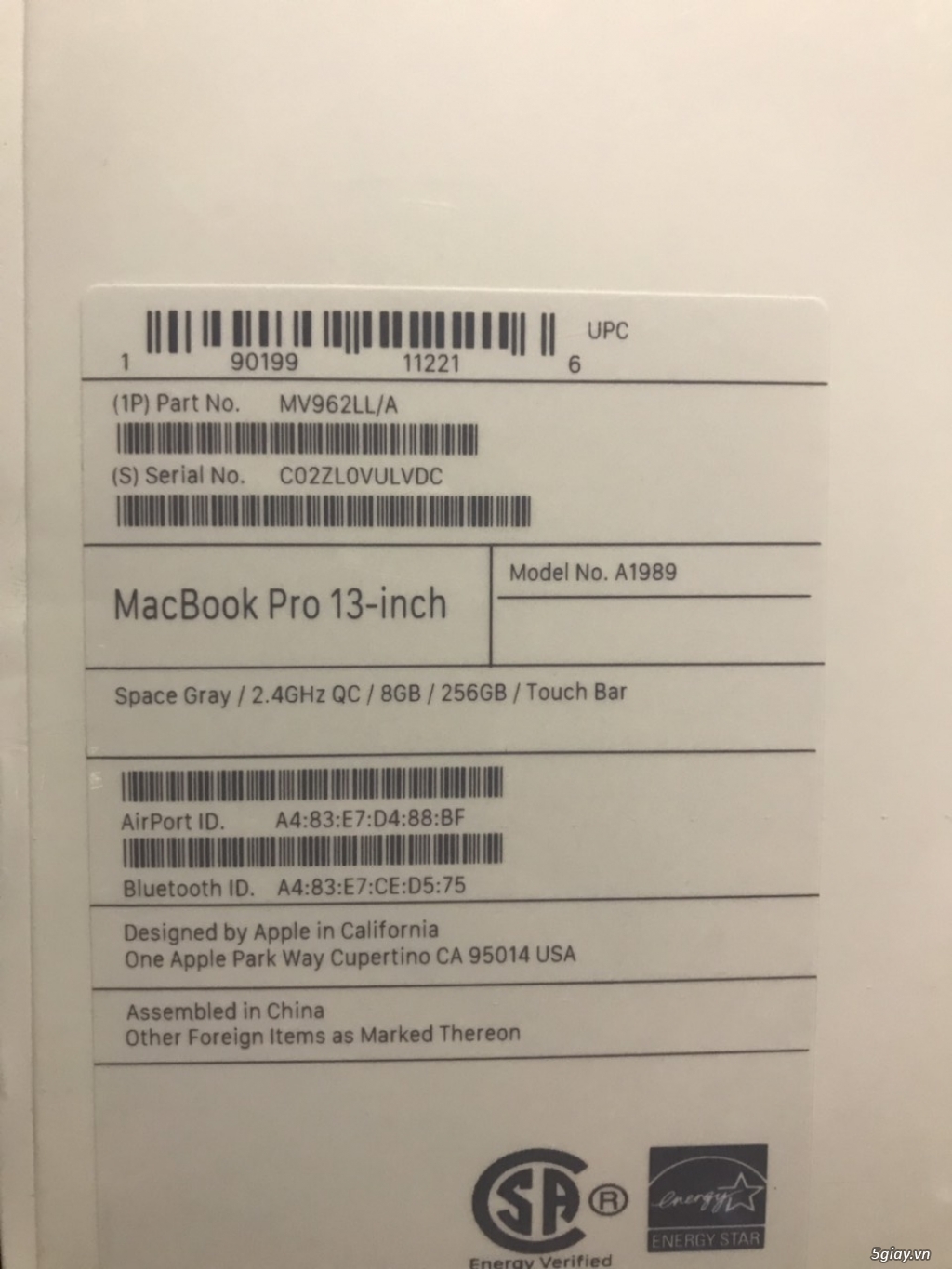 Macbook Pro 13.3', core i5, 8GB, 256GB SSD, đời 2019 nguyên seal - 2