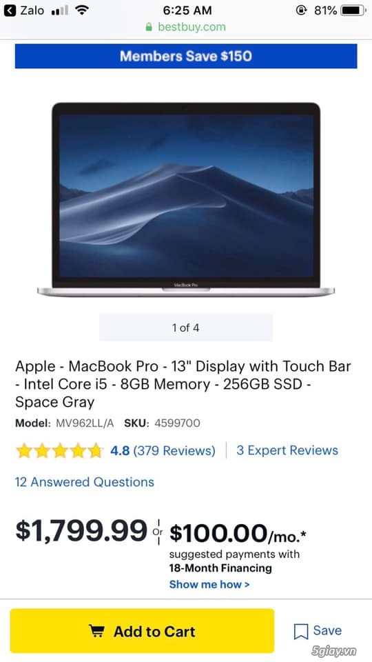 Macbook Pro 13.3', core i5, 8GB, 256GB SSD, đời 2019 nguyên seal