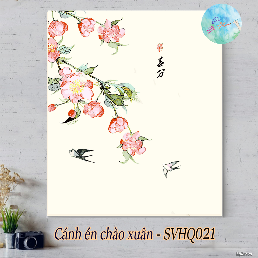 Tranh sơn dầu số hóa tự tô màu theo số có khung CÁNH ÉN CHÀO XUÂN
