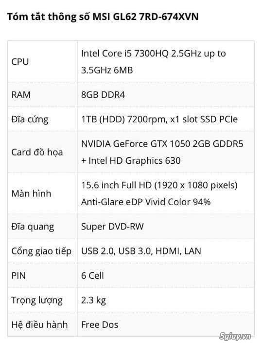 Cần bán : Laptop MSI GL62 7RD
