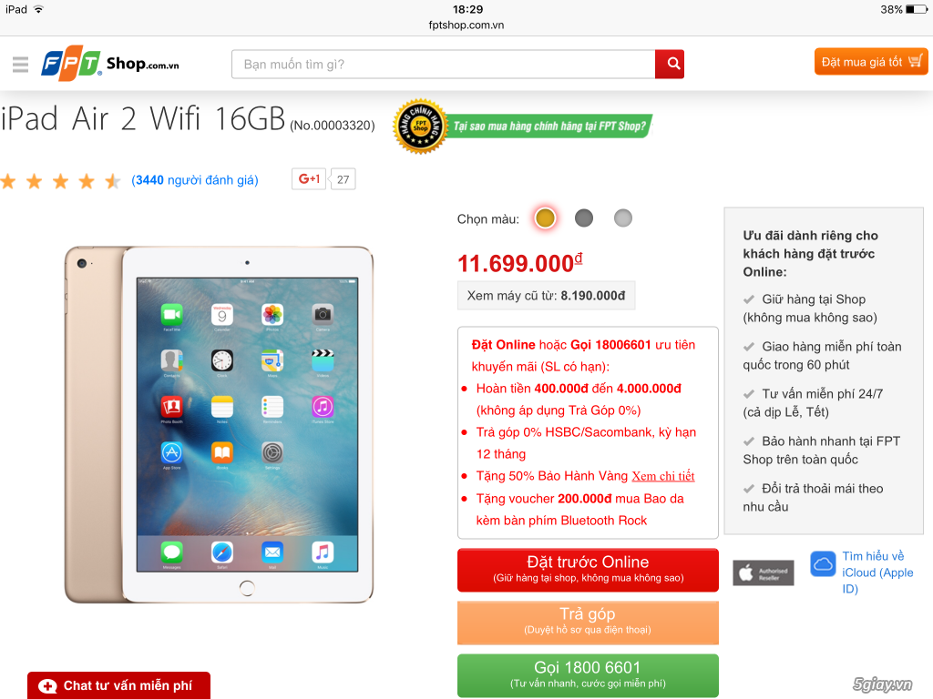 Cần bán ipad air 2 ios 9.3.5 hàng fpt shop dùng như nâng trứng - 1