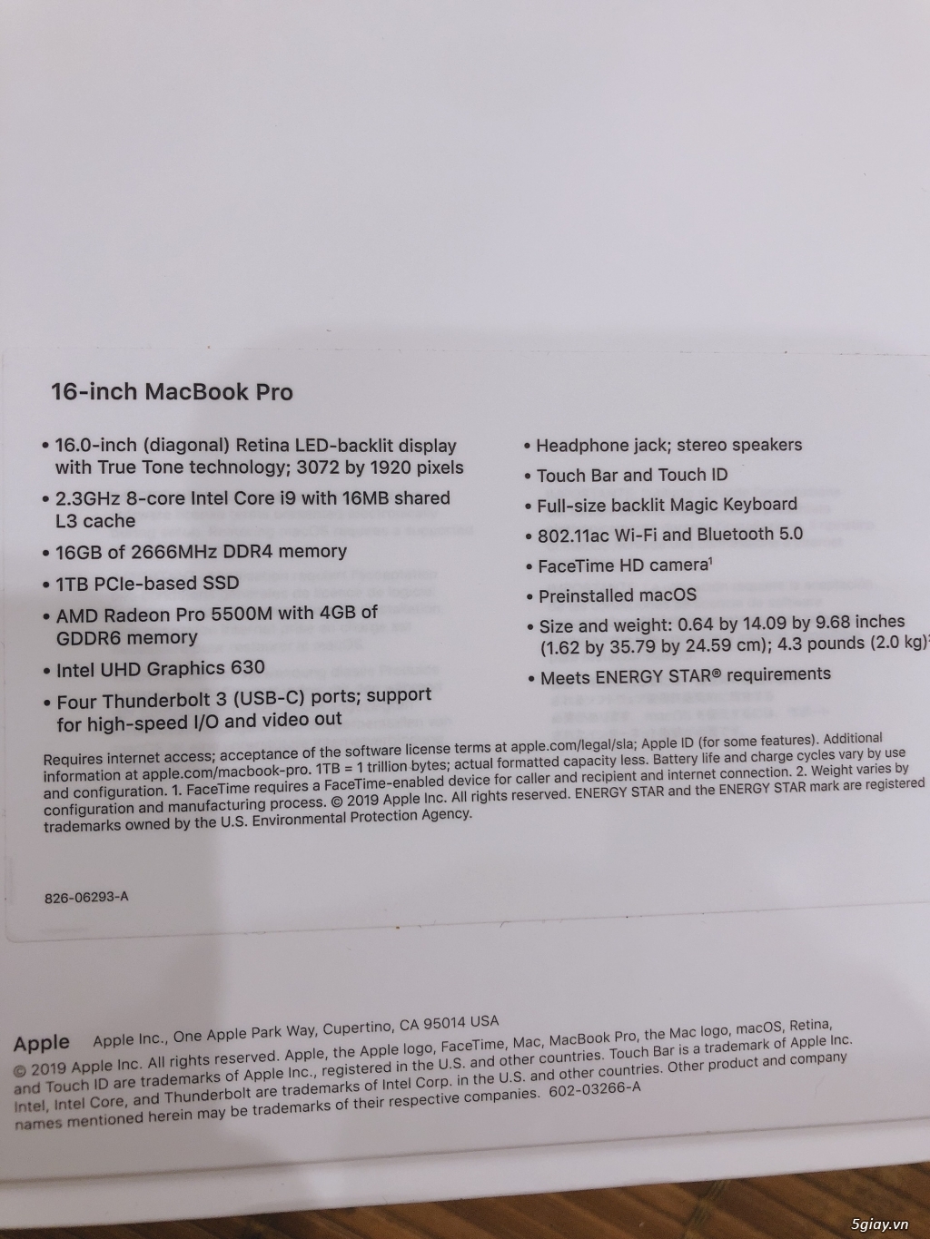 Macbook Pro 2019 MVVK2 16 Core I9-2.3GHZ 16GB SSD 1T  new 100% - 2
