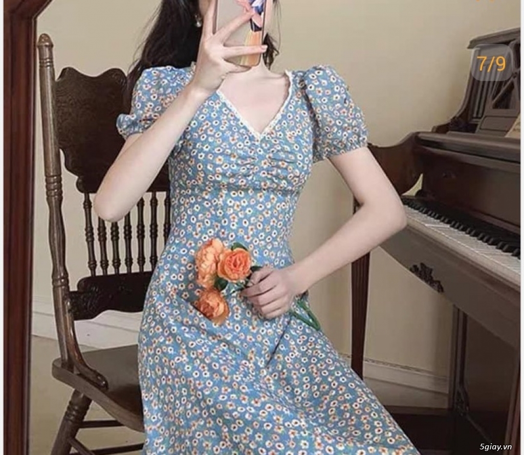 Váy hoa nhí xanh lá vintage nhẹ nhàng cổ V cộc tay dáng dài style Hàn Quốc  đơn giản - Đầm, váy nữ | ThờiTrangNữ.vn