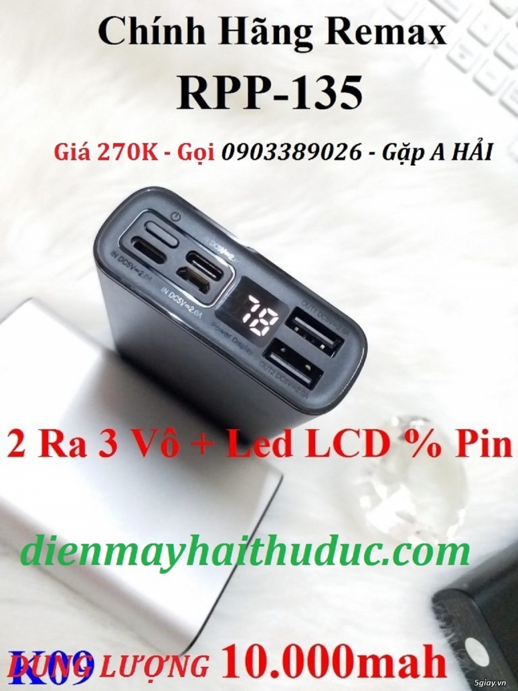 Pin dự phòng 10.000mAh Remax RPP 135 hỗ trợ cùng lúc 2 ĐT - 1