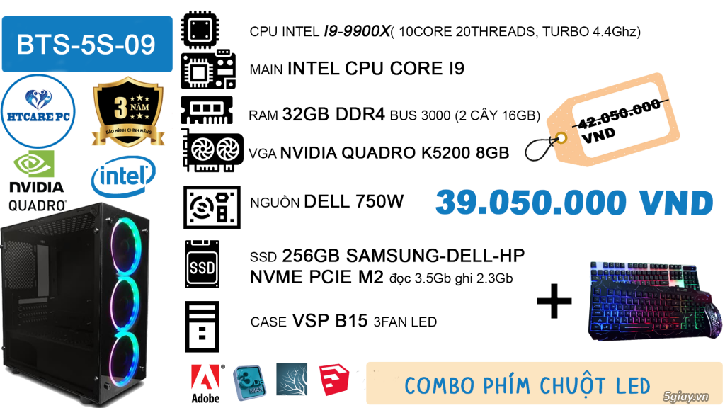 [SALE OFF]CASE PC ĐỒ HỌA I9-9TH/RAM32GB/VGA K5200/SSD256GB