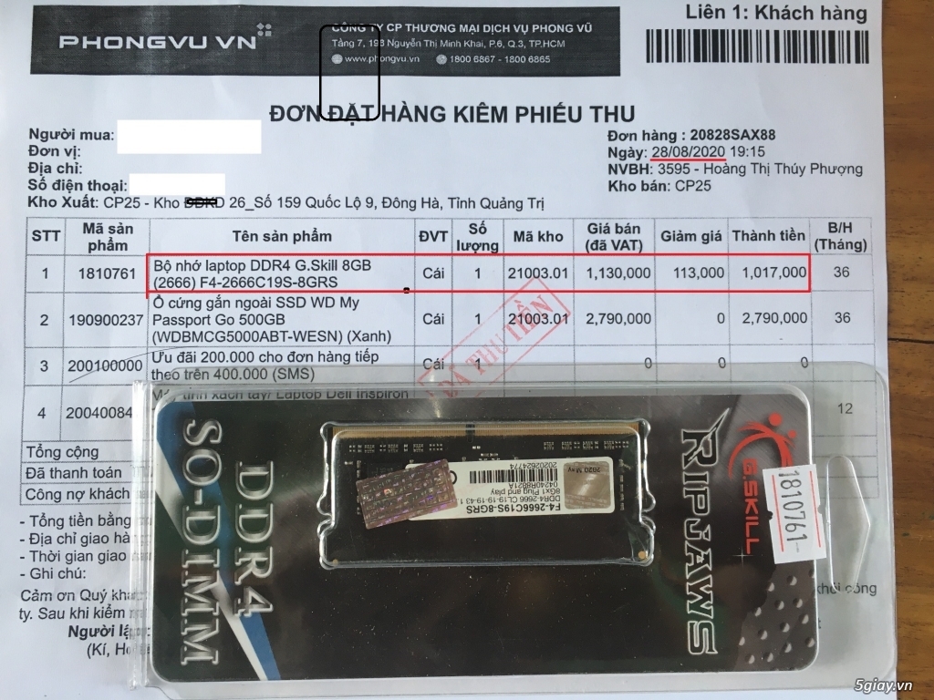 Bán 01 Ram 8G bus 2666 Laptop- Bán 01 SSD 500G WD Laptop. Giá tốt - 3