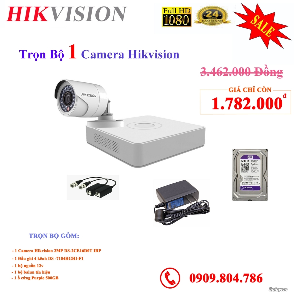 Trọn bộ 1 Camera quan sát Hikvision 2MP, Đầu ghi 4 kênh, Ổ cứng và đầy