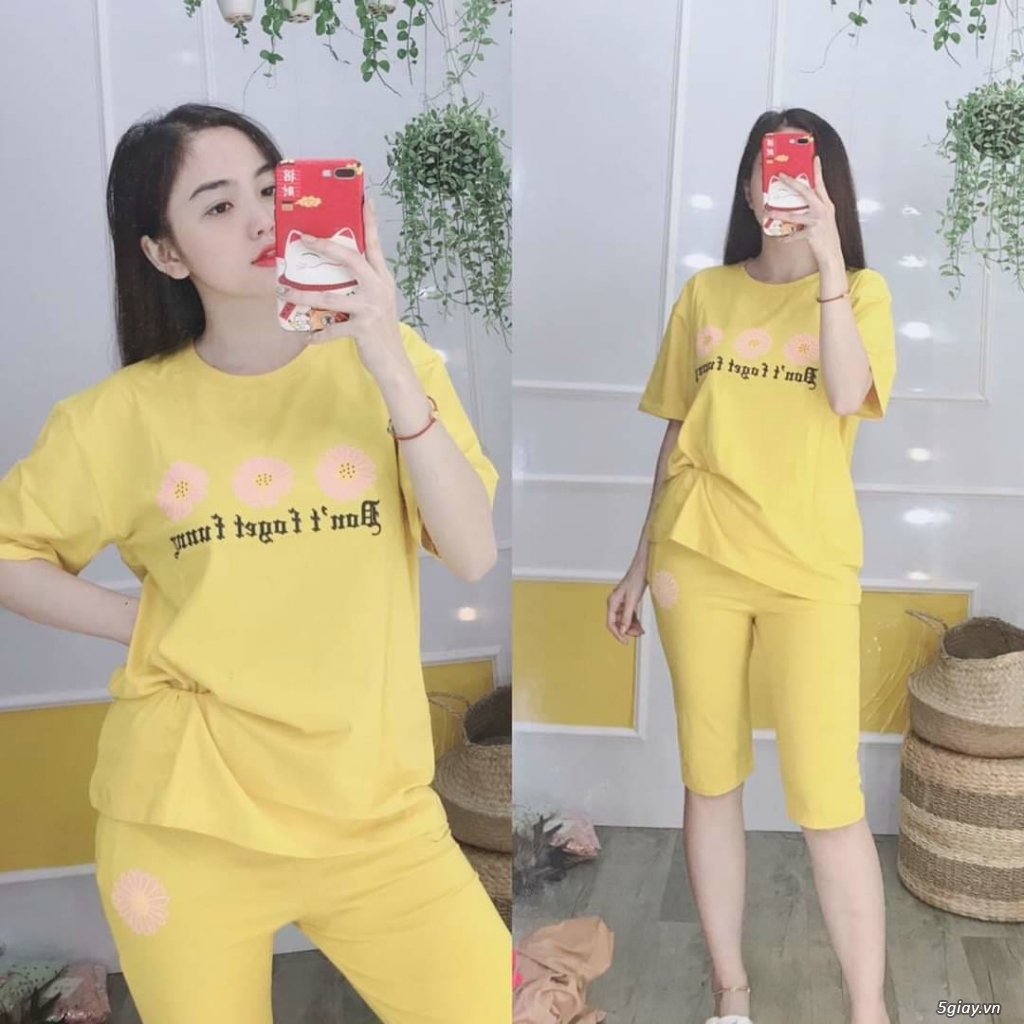 Đồ bộ thun nữ tay ngắn quần lửng thêu hoa cúc