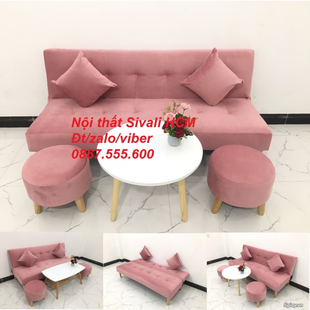 Sofa giường giá rẻ | sofa bed bật nằm màu hồng màu hường vải nhung mềm