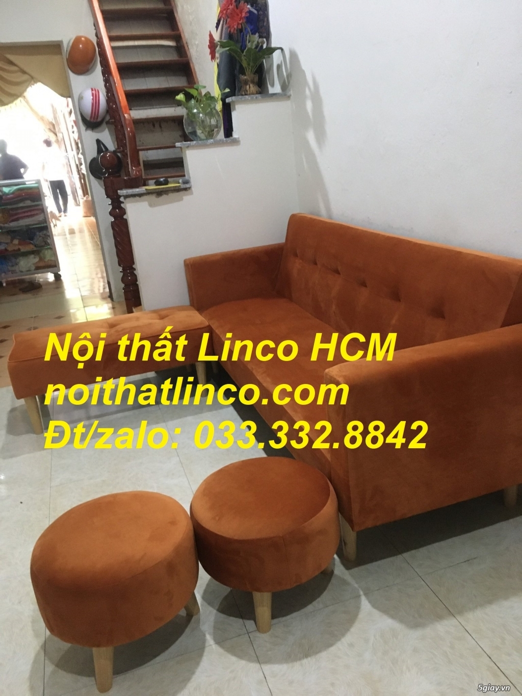 Combo ghế sofa bật giường nằm màu cam vải nhung | Nội thất Linco Tphcm - 1