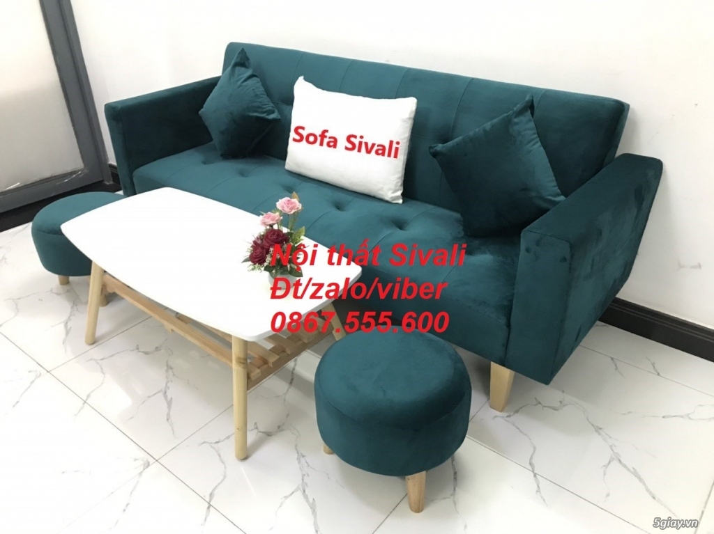 Sofa băng màu xanh lá cây đậm, cổ vịt vải nhung đẹp Nội thất Sivali SG - 4