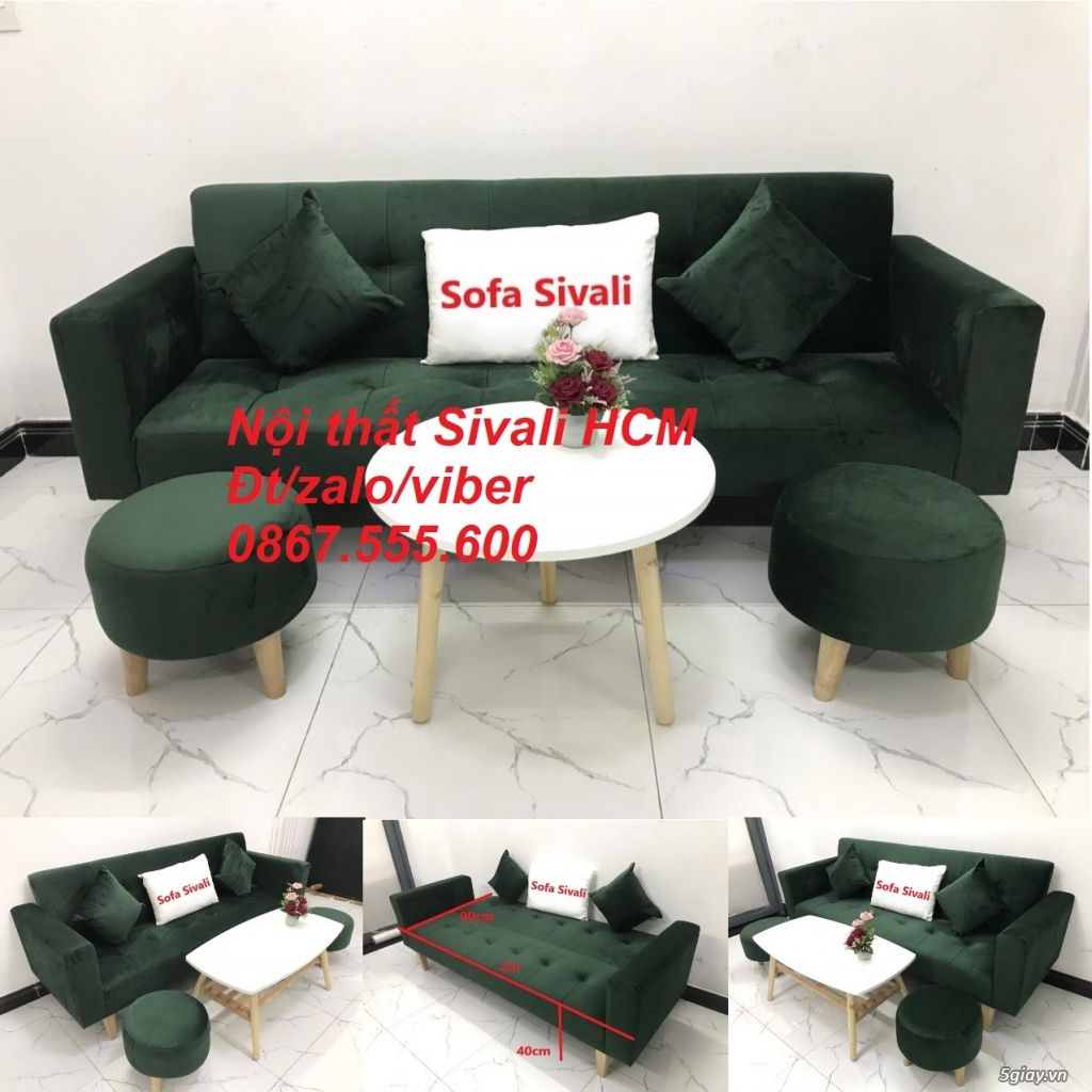 Ghế sofa băng xanh rêu, xanh lá đậm vải nhung 2m nhỏ Sofa Sivali Tphcm